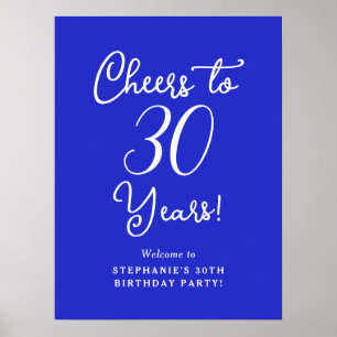 Royal Blue Cheers to 30 Years Birthday Party Sign Poster