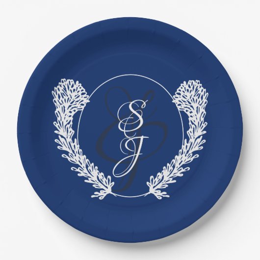 Royal Blue Classic Monogram Wedding Pappteller (Vorderseite)