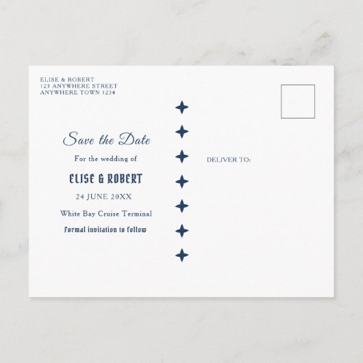 Royal Blue Classic Retro Save the Date Einladung Postkarte (Rückseite)