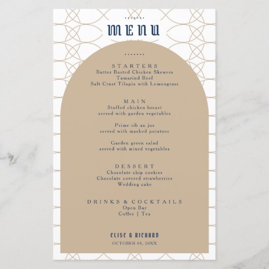 Royal Blue Classic Retro Wedding Menu (Vorderseite)