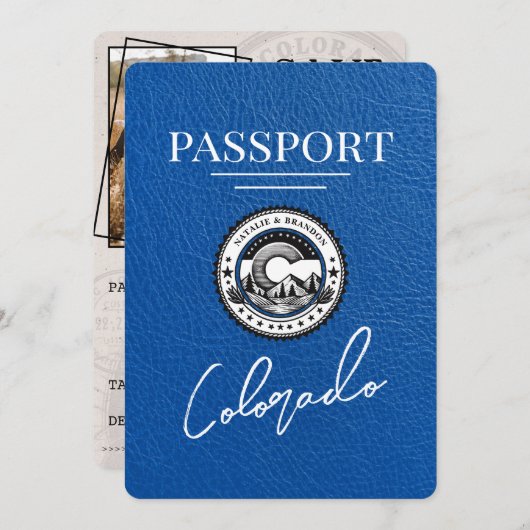 Royal Blue Colorado Passport Save the Date (Vorne/Hinten)