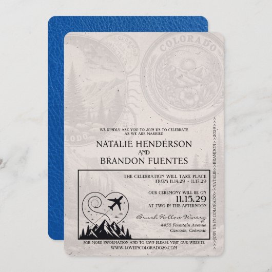 Royal Blue Colorado Passport Wedding Einladung (Vorne/Hinten)
