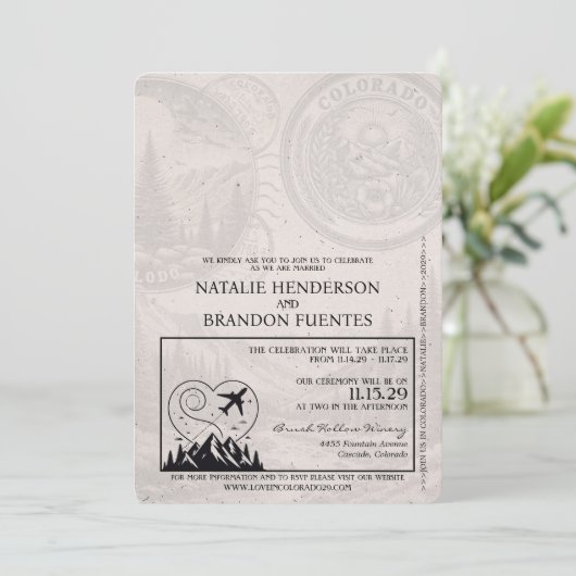 Royal Blue Colorado Passport Wedding Einladung (Stehend Vorderseite)