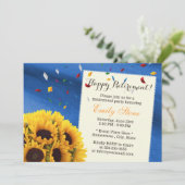 Royal Blue Confetti Sunflowers Rentirement Party Einladung (Stehend Vorderseite)