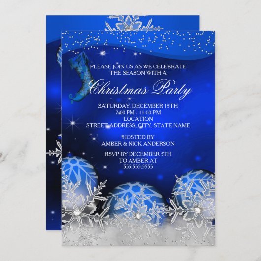 Royal Blue Crystal Snowflake Weihnachts-Party Einladung (Vorne/Hinten)