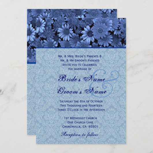 Royal Blue Daisy Damask Hochzeit Einladung (Vorne/Hinten)