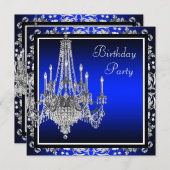 Royal Blue Damask Chandelier Birthday Party Einladung (Vorne/Hinten)