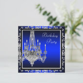 Royal Blue Damask Chandelier Birthday Party Einladung (Stehend Vorderseite)