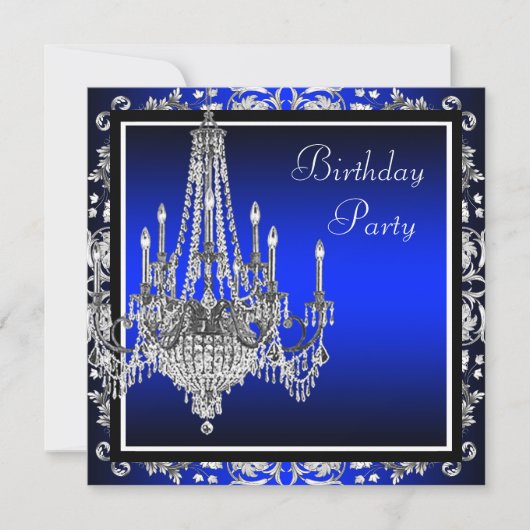 Royal Blue Damask Chandelier Birthday Party Einladung (Vorderseite)