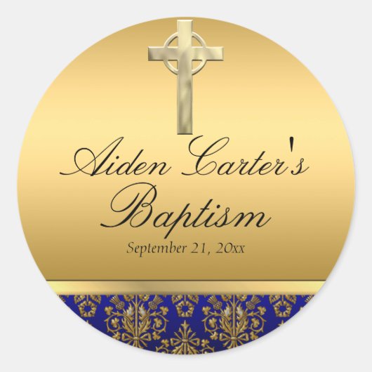 Royal Blue Damask & Cross Baptisse Aufkleber (Vorderseite)
