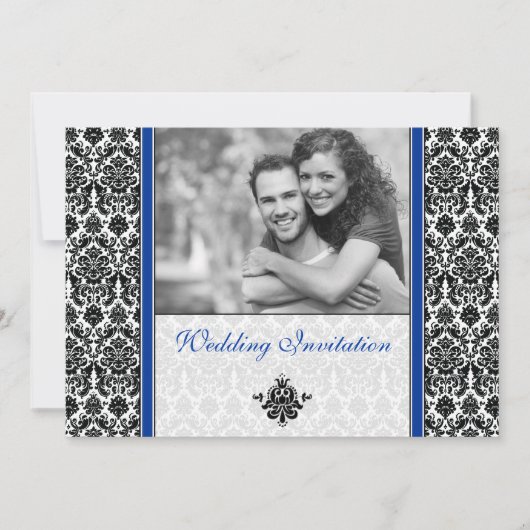Royal Blue Damask Foto Hochzeitseinladung Einladung (Vorderseite)