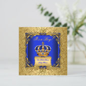 Royal Blue Damask Gold Crown Baby Dusche Boy bsc Einladung (Stehend Vorderseite)