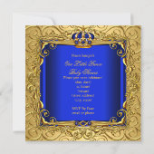 Royal Blue Damask Gold Crown Baby Dusche Boy bsc Einladung (Rückseite)