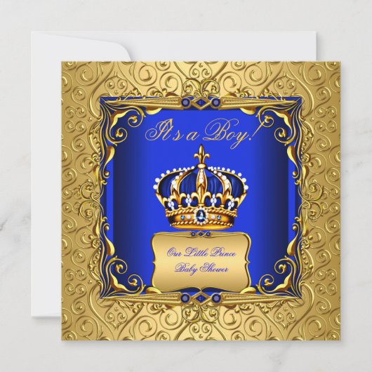 Royal Blue Damask Gold Crown Baby Dusche Boy bsc Einladung (Vorderseite)
