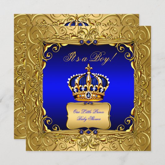 Royal Blue Damask Gold Crown Baby Shower Bob bs4 Einladung (Vorne/Hinten)