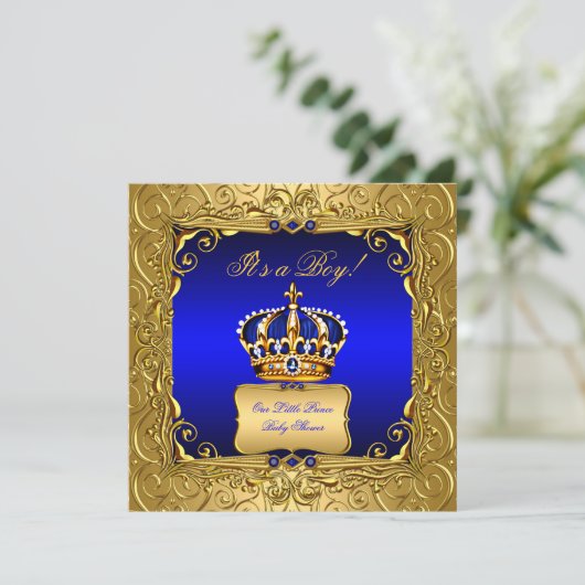 Royal Blue Damask Gold Crown Baby Shower Bob bs4 Einladung (Stehend Vorderseite)