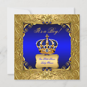 Royal Blue Damask Gold Crown Baby Shower Bob bs4 Einladung