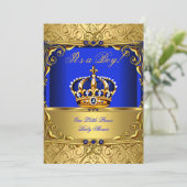 Royal Blue Damask Gold Crown Baby Shower Bob bsA Einladung (Stehend Vorderseite)