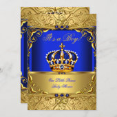 Royal Blue Damask Gold Crown Baby Shower Bob bsA Einladung (Vorne/Hinten)