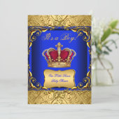 Royal Blue Damask Gold Crown Baby Shower Bobs Einladung (Stehend Vorderseite)