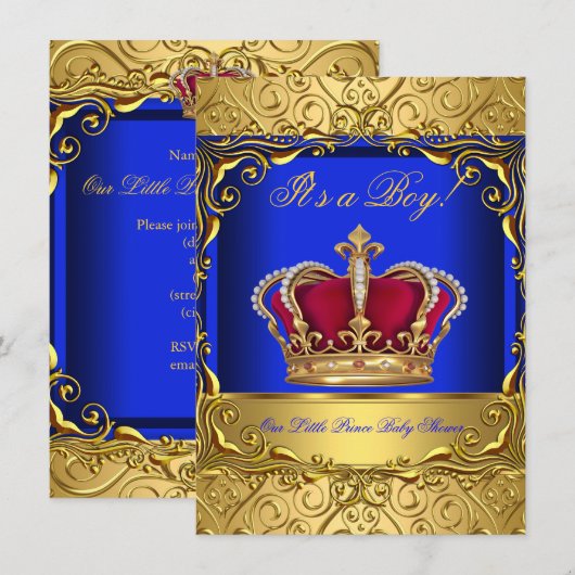 Royal Blue Damask Gold Crown Baby Shower Boy 4 Einladung (Vorne/Hinten)