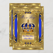 Royal Blue Damask Gold Crown Baby Shower Boy bg4 Einladung (Vorne/Hinten)