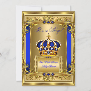 Royal Blue Damask Gold Crown Baby Shower Boy bg4 Einladung
