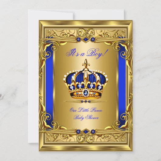 Royal Blue Damask Gold Crown Baby Shower Boy bg5 Einladung (Vorderseite)