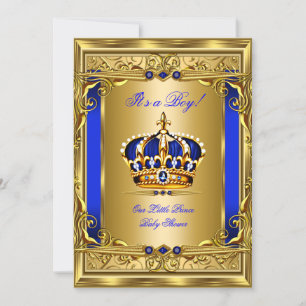 Royal Blue Damask Gold Crown Baby Shower Boy bg5 Einladung