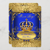 Royal Blue Damask Gold Crown Baby Shower Boy RB2 Einladung (Vorne/Hinten)