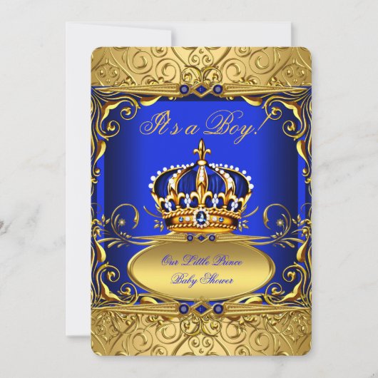 Royal Blue Damask Gold Crown Baby Shower Boy RB2 Einladung (Vorderseite)