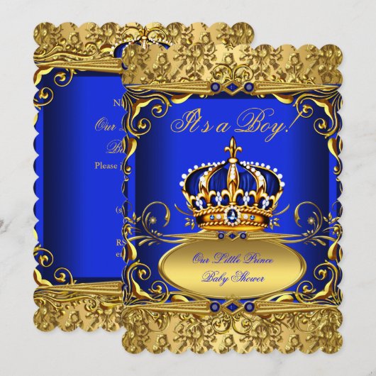 Royal Blue Damask Gold Crown Baby Shower Boy RB3 Einladung (Vorne/Hinten)