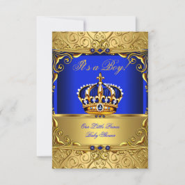Royal Blue Damask Gold Crown Baby Shower Boy SMALL Einladung