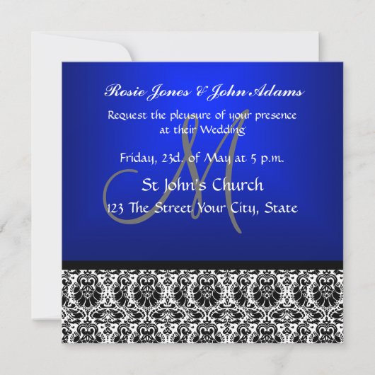 Royal Blue Damask Hochzeitseinladung Einladung (Vorderseite)