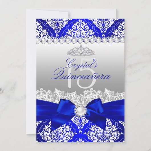 Royal Blue Damask Pearl Bow Quinceanera Invite Einladung (Vorderseite)