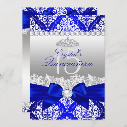 Royal Blue Damask Pearl Bow Quinceanera Invite Einladung (Vorne/Hinten)