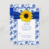 Royal Blue Damask Sunflower Wedding RSVP Card (Vorne/Hinten)