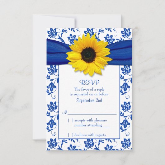 Royal Blue Damask Sunflower Wedding RSVP Card Karte (Vorderseite)