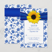 Royal Blue Damask Sunflower Wedding RSVP Card Karte (Vorne/Hinten)