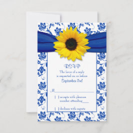 Royal Blue Damask Sunflower Wedding RSVP Card Karte