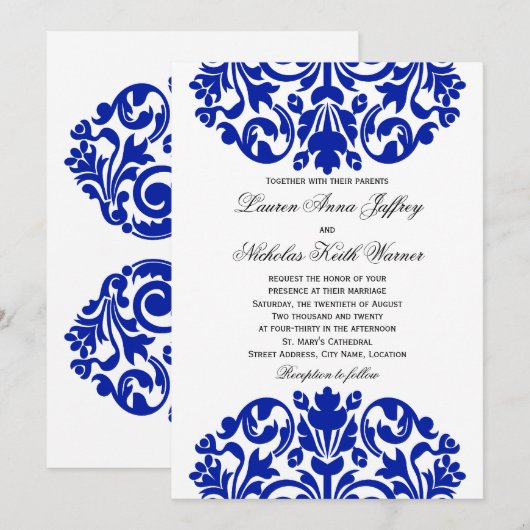 Royal Blue Damask Wedding Einladung (Vorne/Hinten)