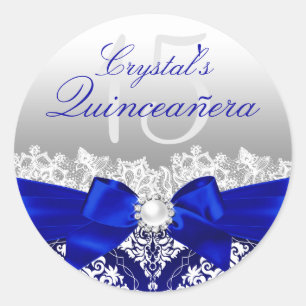Royal Blue Damast & Perlen-Schleifen-Quinceanera-A Runder Aufkleber