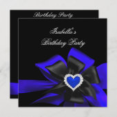 Royal Blue Diamond Heart Black Bow Birthday Party Einladung (Vorne/Hinten)