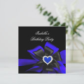 Royal Blue Diamond Heart Black Bow Birthday Party Einladung (Stehend Vorderseite)