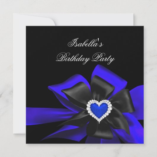 Royal Blue Diamond Heart Black Bow Birthday Party Einladung (Vorderseite)