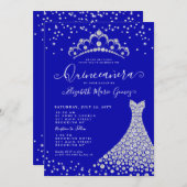 Royal Blue Diamond Sparkle Tiara Gown Quinceanera Einladung (Vorne/Hinten)