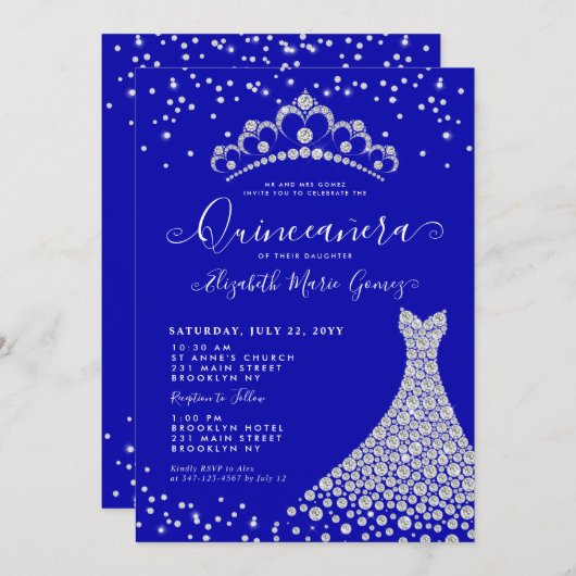 Royal Blue Diamond Sparkle Tiara Gown Quinceanera Einladung (Vorne/Hinten)
