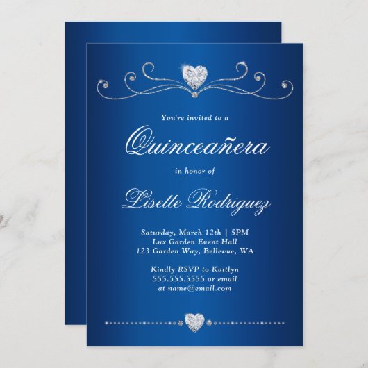 Royal Blue Diamond Swirl Elegant Quinceanera Einladung (Vorne/Hinten)