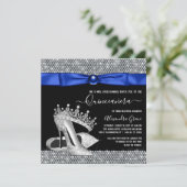 Royal Blue Diamond Tiara Shoe Quinceanera Einladung (Stehend Vorderseite)