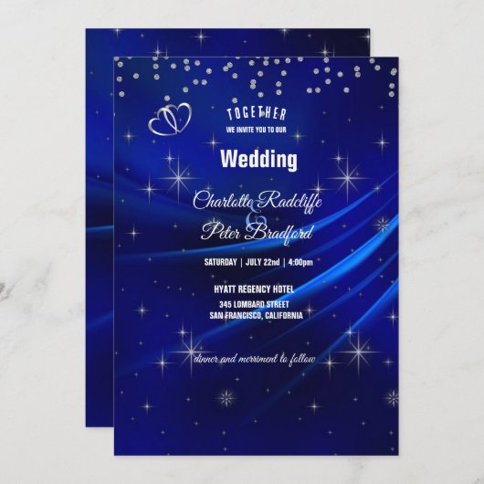 Royal Blue Diamonds and Hearts Wedding Einladung (Vorne/Hinten)